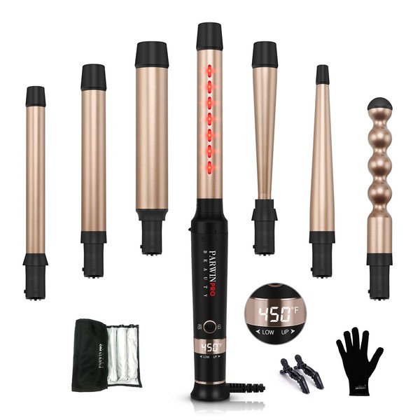 7 -in-1 Infrared Curling Iron Wand Set ,Dual Voltage Curling Wand with Temperature Control , Auto Shut Off ,Hair Curler for Wavy/Air Bang/Ringlet/Spiral with Glove and Clips
