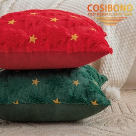 COSIBONO Red Christmas Tree Throw Pillow Covers 18"x18" with Yellow Star Shaped Farmhouse Pillow Covers for Winter Holiday Decorations, Accent Soft Faux Fur Pillow Covers for Couch Bed Room