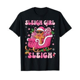 Groovy Pink Gingerbread Sleigh Coquette Bow Christmas Girl T-Shirt