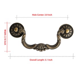 HOUSEHOOK Antique Brass Drop Bail Drawer Pulls 4 Pack, Ornate Cabinet Handles with Floral Base, Vintage European Style Hardware for Dresser, 3.9 Inch Hole Center