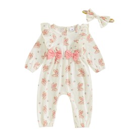 Newborn Baby Girl Easter Clothes Bunny/Duck Ruffle Sleeve Romper Jumpsuit with Headband One Piece First Easter Outfit (White, 6-12 Months)