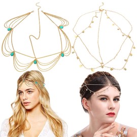 MKVZIYE Pack of 2 Headpieces, Gold Head Chain Jewellery Boho Headband Head Pearl Tassel Chain Hair Band Chain Gold Head Chain for Women and Girls