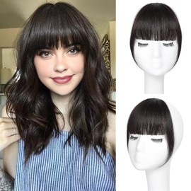 HH FASHION Clip in Bangs - 100% Human Hair French Bangs Brown Black Clip on Bangs Hair Extensions Fake Bangs Fringe with Temples Hairpieces for Women Curved Bangs for Daily Wear
