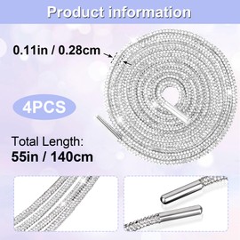 PAGOW 2 Pairs Rhinestone Glitter Rope, Crystal Bling Bling Shiny Round Shoe Laces for Sneakers, Drawstring Cords Replacement for Sweatpants Shorts Crystal Hoodies (White, 120cm)