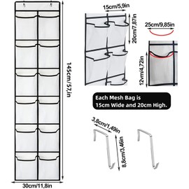 FonVan Pack of 2 Over the Door Organiser for Shoes, Shoe Storage Hanging with 2 Hooks, 12 Pockets Hanging Storage Bag, Foldable Hanging Organiser for Bedroom, Living Room, Bathroom