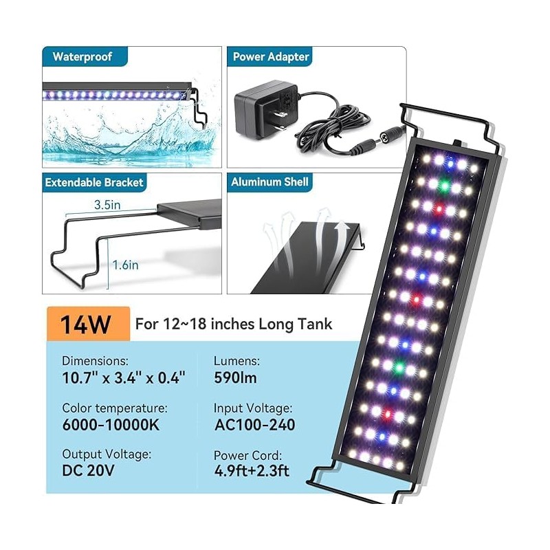 hygger 14 W Aquarium LED Light, Full Spectrum Lighting for