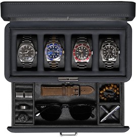 ROTHWELL 4 Slot Leather Watch Box with Valet Drawer - Luxury Case Display Jewelry Organizer, Locking Display Case Holder with Real Glass Top - Watch Box Organizer for Men & Women (Carbon)
