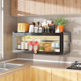 ILWorkTLs Wall Cabinet, Wall Mounted Kitchen Pantry Sideboard with Door for Pot, Bowl, Spoon, Plate, Spatula, Rag,Black