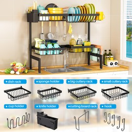 2 Tiers 4 Baskets (one More Than Others) Over The Sink Dish Drying Rack,fits All Sinks (from 24.8" to 35.4"),2-Tier Adjustable Sink Rack,Dishes Rack Kitchen Storage Organizer Space Saving