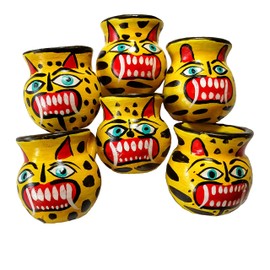 Jacq & Jürgen - Jaguars Mexican Jarritos Set of 6 Handmade Traditional Tequila & Mezcal Clay Shot Glasses.