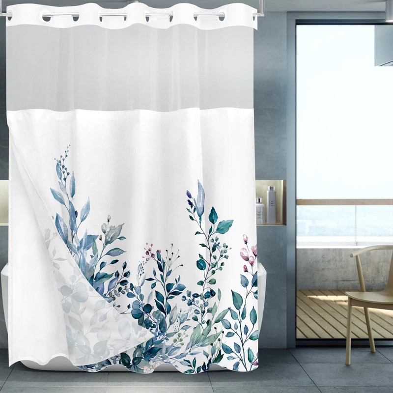 Tititex No Hooks Snap in Liner Blue Eucalyptus Leaves Shower