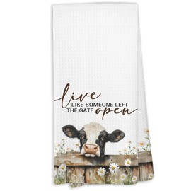 KTYHD Cow Decor Towels,Live Like Someone Left The Gate Iopen Dish Towels for Kitchen,Western Farmhouse Animal Decorative Hand Towels for Bathroom Kitchen,Cow Gifts Dish Cloths & Dish Towels