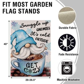 Artofy Snuggle Up Gnomies It's Cold Outside Winter Home Decorative House Flag, Gnome Garden Yard Coffee Cup Snowflake Outside Decor, Winter Farmhouse Outdoor Large Burlap Decoration Double Sided 28x40