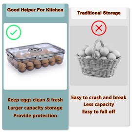 BTSKY Premium Plastic Egg Holder for Fridge - 24 Egg Refrigerator Container, Organizer with Time Reminder and Lid