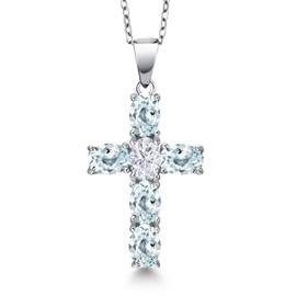 Gem Stone King 925 Sterling Silver Sky Blue Aquamarine and White Moissanite Cross Pendant Necklace for Women | 3.00 Cttw | Gemstone March Birthstone | Oval 6X4MM | With 18 Inch Chain