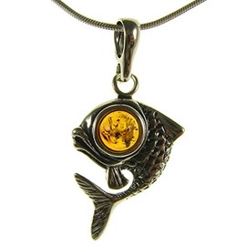 SA Necklaces Baltic amber and sterling silver 925 fish animal pendant (no chain)