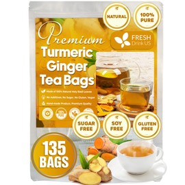 FreshDrinkUS, Premium 135 Turmeric Ginger Tea Bags, 100% Natural Ingredients, Hand-made Blend of Turmeric and Ginger Herbal Tea, Eco-conscious Tea Bags. No Sugar, No Caffeine, No Gluten, Vegan.