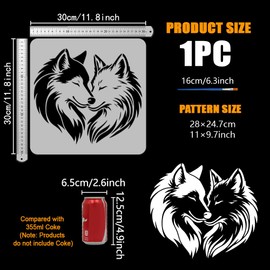 FINGERINSPIRE Wolf Couple Stencils with a Brush 11.8x11.8Inch Wolf Lover Painting Stencil Reusable Wolves Hearts PET Stencil Wild Animal Theme Decoration Template for Wood Wall Floor Furniture Tiles