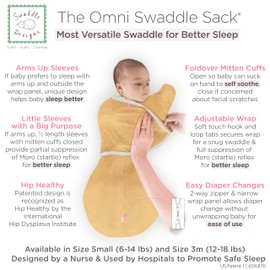 SwaddleDesigns 6-Way Omni Swaddle Sack, Arms Up Swaddle for Newborn, More Options to Calm Startle Reflex, Improves Sleep, Easy Transition Baby Sleep Sack, Small, 0-3 Month, Gold, Eat Sleep Be Cute