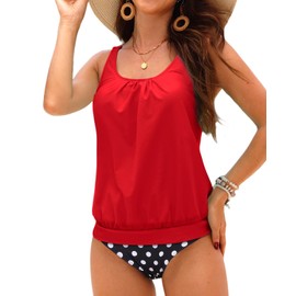 Yonique Blouson Tankini Swimsuits for Women Loose Fit Two Piece Bathing Suits Red XS