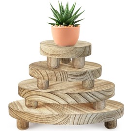 DEMULANS Wood Plant Stand Set of 4,mini Plant Stool 10 8 6 4 Inch, Wooden Display Risers Round Pedestal Counter Decor Holder Tiered Tray for Indoor Home Kitchen Patio Decoration (Light Brown-4pack)