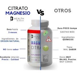 Citrato de Magnesio B Health BE Natural – 180 Cápsulas de 500mg | 100% Natural, Sin Azúcar, Apto Keto
