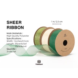 Vitalizart Cream & Green Series Organza Ribbon 1'' x 30YD (3 Rolls*10YD), Sheer Fabric for Crafting, Wide Gift Ribbons for Gift Wrapping, Christmas Tree, Decoration, Wedding Invitation