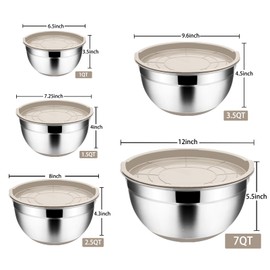 TeamFar Khaki Mixing Bowls, Stainless Steel Metal Nesting Salad Bowls with Airtight Lids Set of 5, Healthy & Heavy Duty, Non-slip Bottom & Airtight Lid, 7/3.5/2.5/1.5/1 QT