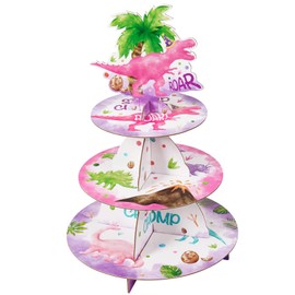 WERNNSAI Watercolor Dinosaur Cupcake Stand - Dinosaur Party Decorations for Girls Reusable 3-Tier Cardboard Cupcake Stand Holder Round Dessert Tower Tray Dino Theme Birthday Baby Shower Party Supplies