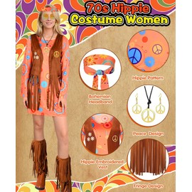TOSZOLY Hippie Costume Women's Hippie Clothing Women, 70s Outfit Clothing with Vest Hippie Accessories, 60s 70s Hippie Dress for Carnival Cosplay (M)