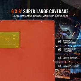 HappyBuy Welding Screen with Frame - 6' x 8', Flame-Resistant Vinyl, 4 Swivel Wheels (2 Lockable), with Transparent Window, for Workshop/Industrial, Red