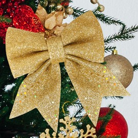 GXFCING 12 Pack Gold Christmas Bows for Christmas Tree 6 x 5 Inch Glitter Christmas Tree Bows Wreaths Bows Gold Sequin Bow Ties Christmas Xmas Tree Decorations
