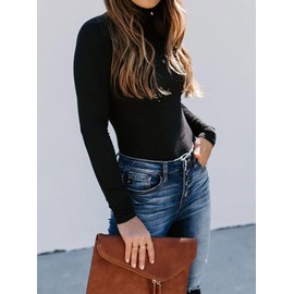 REORIA Women's Long Sleeve Ribbed Turtleneck Leotard Stretchy Bodysuit Basic Tops Jumpsuits Black Small