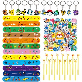 Yisscen 86 Piece Cartoon Party Bag Set, 12 Slap Bracelets + 12 Anime Key Rings + 12 Gel Ink Pens + 50 Children's Stickers, Children's Birthday Party Gift for Girls Boys