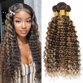 Dokksiiia P1b27 Highlight Honey Blonde Deep Wave Bundles Human Hair Piano Color Black and Honey Blonde Weave Bundles Double Weft Brazilian Human Hair Extensions 24/26/28 Inch