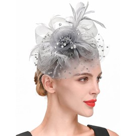 Fascinators Hat Kentucky Derby Tea Party Headwear for Women Girls Flower Mesh Ribbons Feathers Headband (US, Alpha, One Size, One Size, Grey)