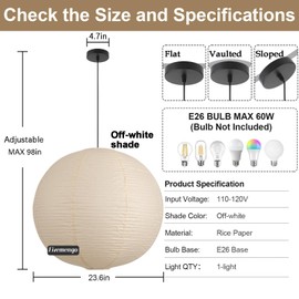 Fivemengo Large Paper Pendant Light with Cord and Canopy, 23.6in Off White