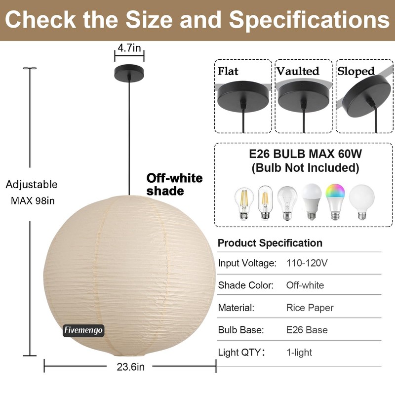 Fivemengo Large Paper Pendant Light with Cord and Canopy, 23.6in