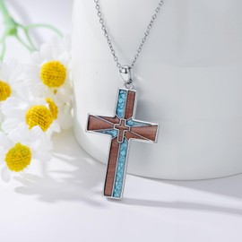 Lypic Turquoise Cross Necklace 925 Sterling Silver Wooden Cross Necklace for Women Christian Jewelry Meaningful Religious Gifts