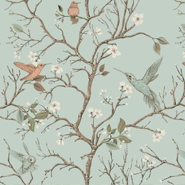 VEELIKE Green Chinoiserie Floral Peel and Stick Wallpaper Vintage Branch Bird Wallpaper for Bathroom Bedroom 17.7''x118'' Prepasted Removable Floral Wall Paper Green Contact Paper for Cabinets Drawers