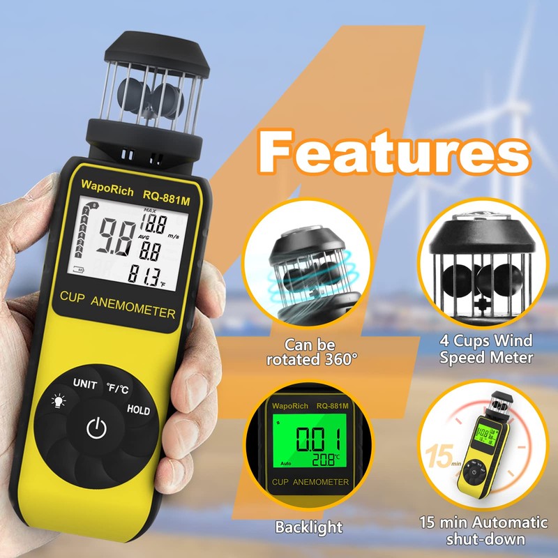 Pocket Anemometer RQ-881M Handheld Anemometer Update Wind Meter with 360°