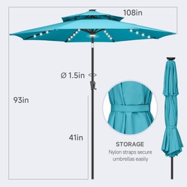 FLAME&SHADE 9 ft Double Top Solar Powered Outdoor Market Patio Table Umbrella with LED Lights and Tilt, Aqua Blue
