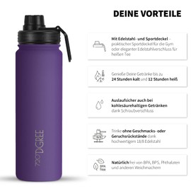 720°DGREE Stainless Steel Drinking Bottle "NoLimit" - 410 ml, 530 ml, 710 ml - Leak-Proof, Carbon Acid, BPA-Free, Insulated Bottle with Screw Cap for Children, School, Fitness + Free Sports Lid, purple, 710ml