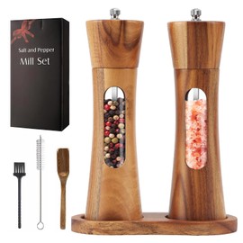 Petyoung Set of 2 Salt and Pepper Grinder with Tray, Manual Wooden Shakers Salt and Pepper Mills with Adjustable Ceramic Core for Kitchen BBQ