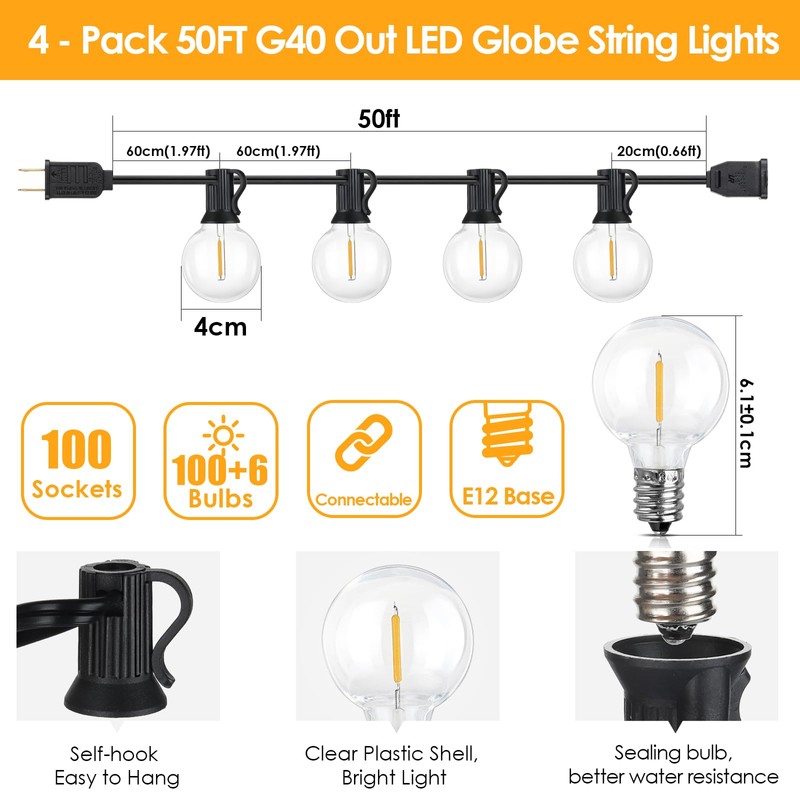 Mlambert 200Ft(4x50Ft) Outdoor String Lights G40 Globe Patio Lights with