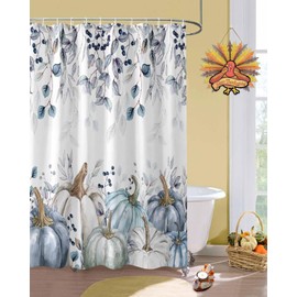 Thanksgiving Blue Pumpkins Fabric Shower Curtain, Autumn Watercolor Leaf Decorations Funny Shower Curtains for Bathroom Set with Hooks, Waterproof & Washable Bath Curtains Fall Decor 72x72 inch
