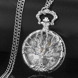 Tiong Silver Hollow Tree of Life Design Pocket Watch Roman Numerals Quartz Pocket Watches with Chain Necklace for Men Women