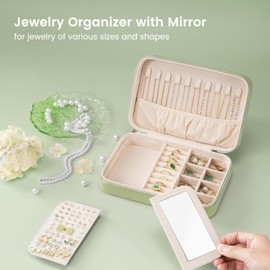 Lolalet Travel Jewelry Case for Women Girls -Medium, Green | Jewelry Box Organizer for Travel Essentials, Mirror & Clear Storage Bag, Earring Necklace