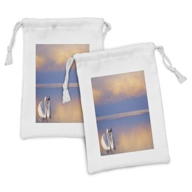 Lunarable Swan Fabric Pouch Set of 2, Swan Couple Floating Lake Happiness Soul Mates United Purity Animals Love Image, Small Drawstring Bag for Toiletries Masks and Favors, 9" x 6", Pink Blue