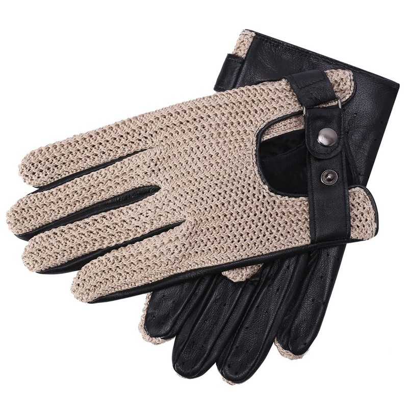 Harssidanzar Mens Touchscreen Crochet Stringback Driving Gloves GM030,Beige,Size M